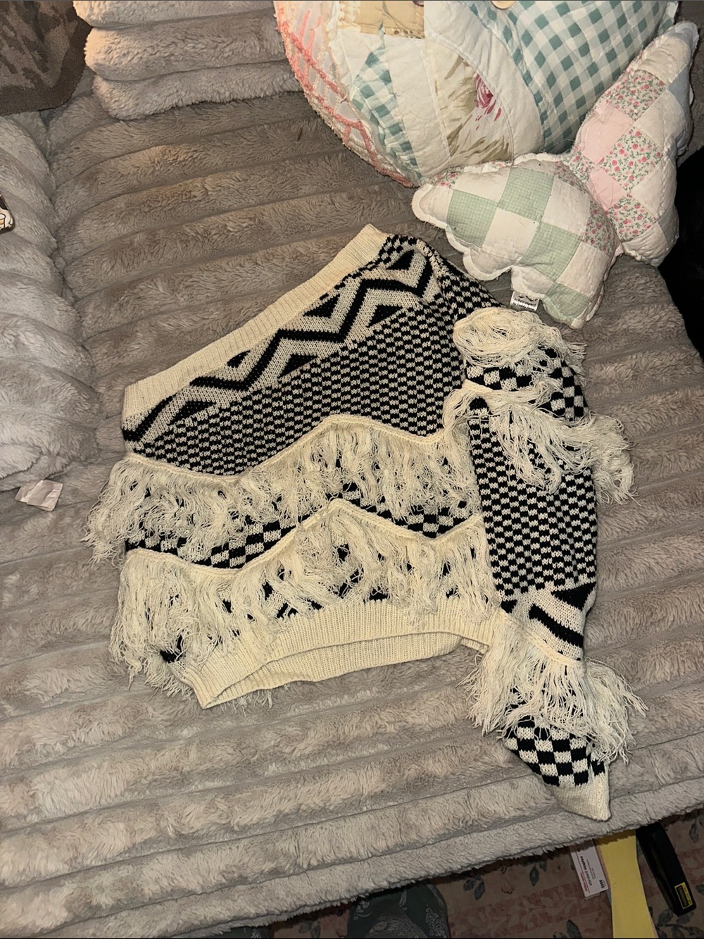 Fringed Black & Cream Patterned Women’s Sweater